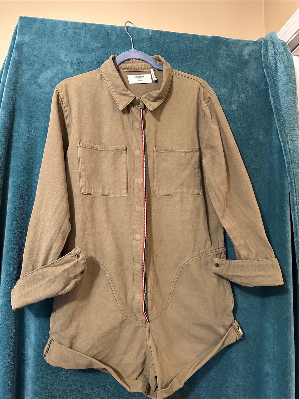One Teaspoon Army Green Military Style Front Snap  Romper  with Stripe Detail